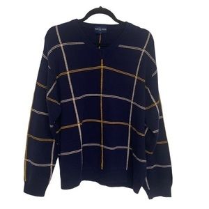 VINTAGE ALAN FLUSSER Sweater Windowpane Grid‎ Long Sleeves V Neck Navy Gold